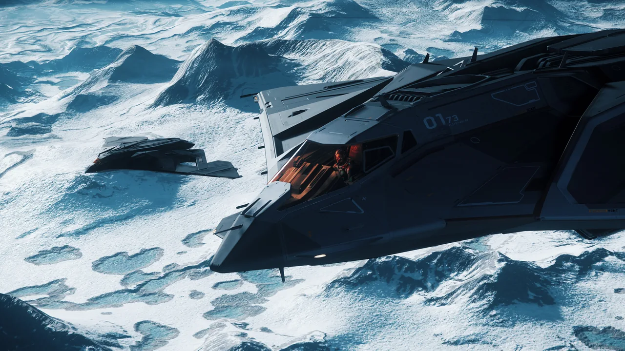Two Eclipse stealth bombers fly low over a snowy, mountainous moon, the pilot visible in the red-lit cockpit of the nearer one
