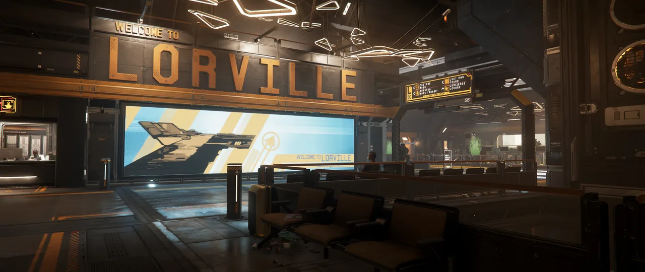 Rows of seats in a waiting area beneath a large Welcome to Lorville sign and a wide screen showing a ship