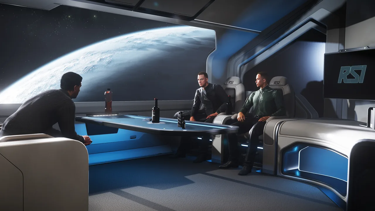 Three people talk around a table in the lounge of an RSI Constellation Phoenix, with a planet filling the window behind them