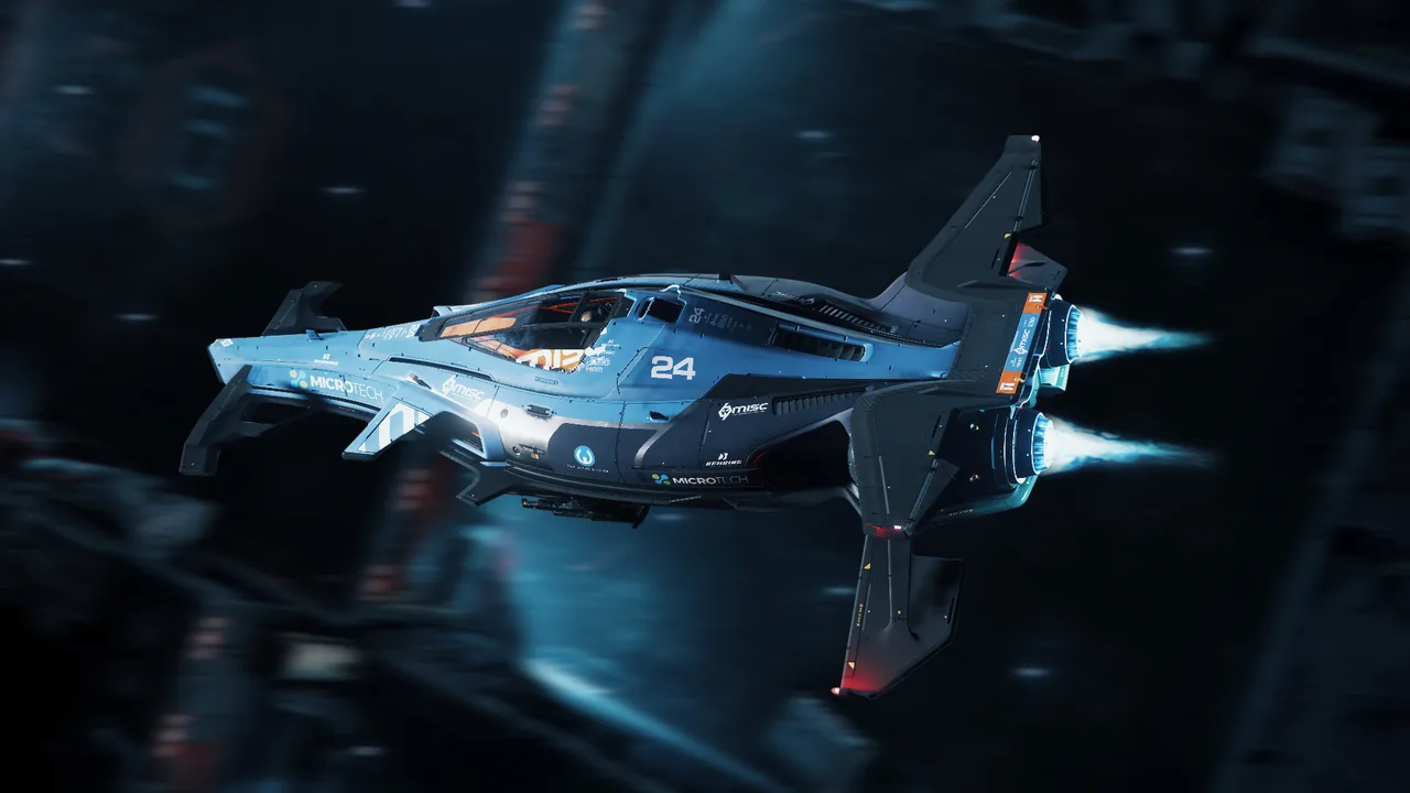 A Razor in blue racing livery flies by GrimHEX space station with its engines lit