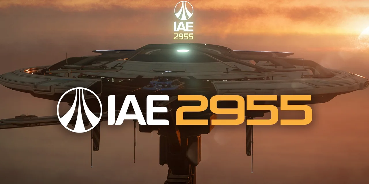 IAE 2955 key art: a disc-shaped expo platform floating above orange clouds, with the IAE 2955 logo across it