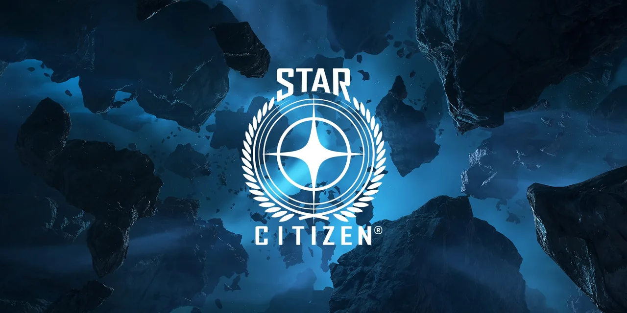 The Star Citizen logo, a four-pointed star inside a laurel ring, over a field of dark blue asteroids
