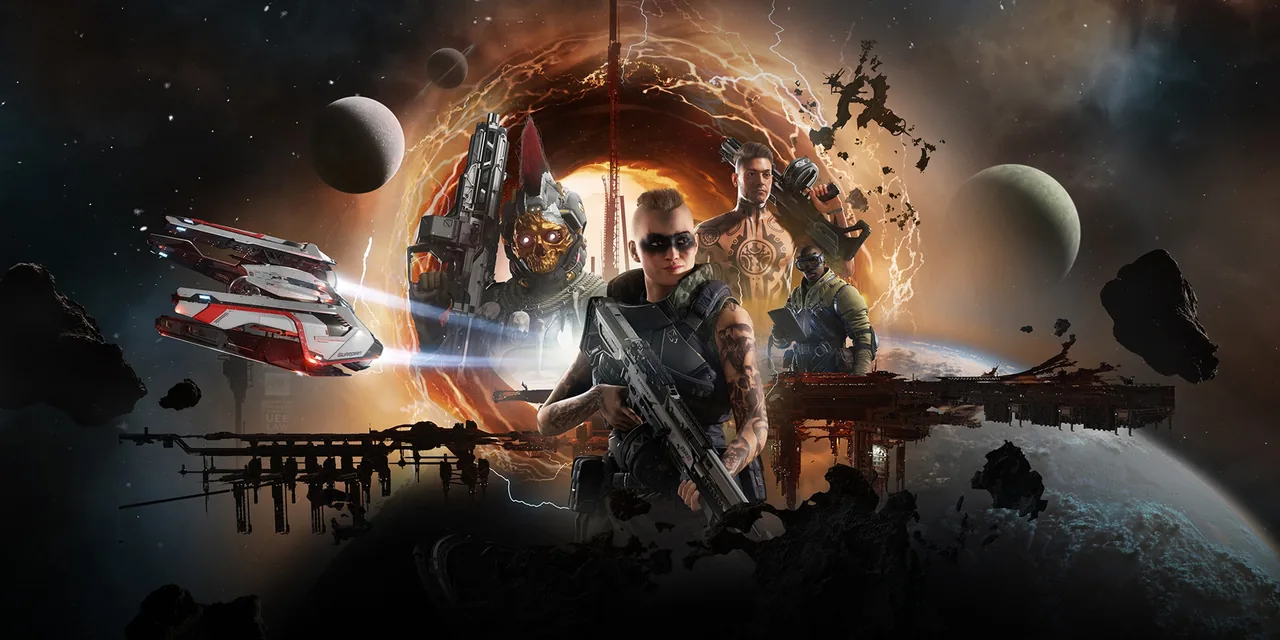 Armed characters stand before a glowing jump point, with ships, a space station and moons around them