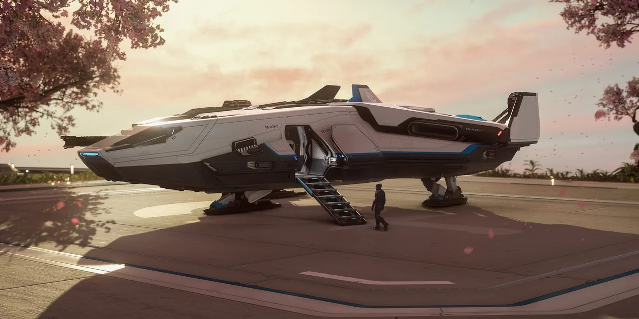 A white Crusader Intrepid parked on a landing pad at sunset under blossoming trees, with a pilot walking to its boarding steps