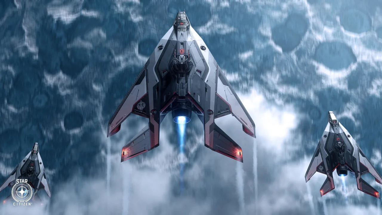 Three angular ships climb together above a layer of clouds, engines glowing blue